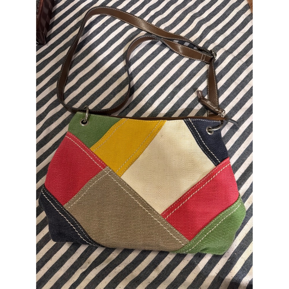 Kim Rogers Multi Color Patchwork Canvas Crossbody Bag Brown Strap